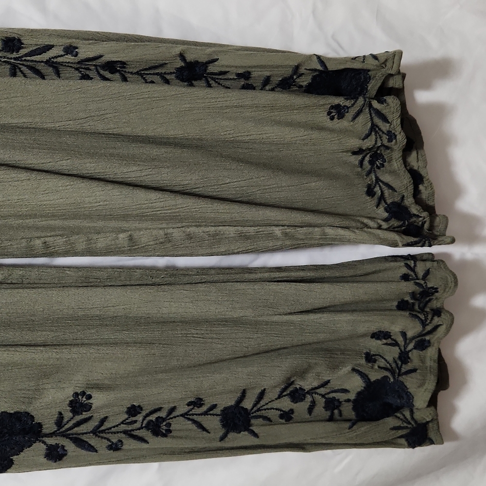 American Eagle Outfitters olive and navy blue embroidered wide leg pants NWT.